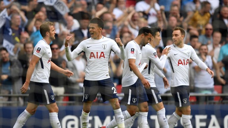 Dele Alli celebrates after opening the scoring at Wembley