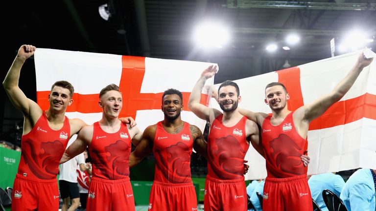 L-R Max Whitlock, Nile Wilson, Courtney Tulloch, James Hall and Dominick Cunningham celebrate Commonwealth Games gold medal