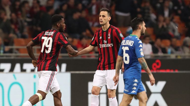 during the serie A match between AC Milan and US Sassuolo at Stadio Giuseppe Meazza on April 8, 2018 in Milan, Italy.