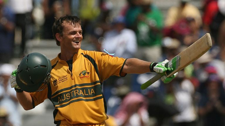 Adam Gilchrist celebrates his spectacular century in the 2007 final