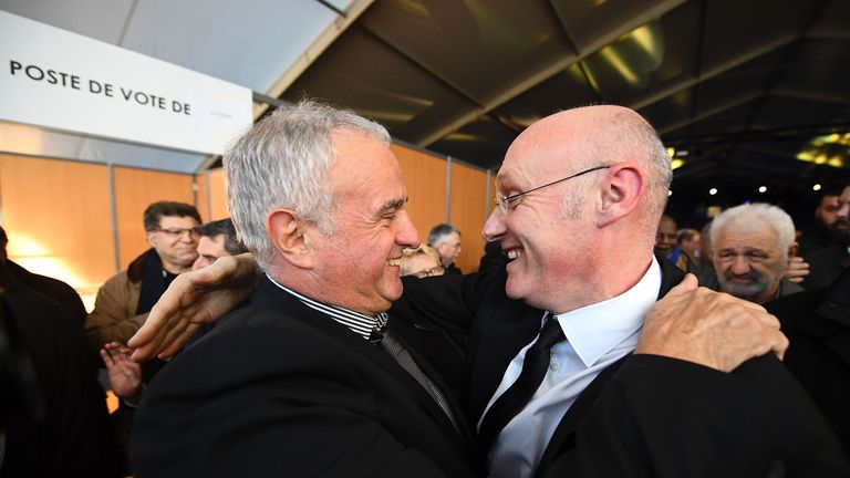 Then French Rugby Presidential  candidate Alain Doucet congratulates Bernard Laporte after his election win in 2016.