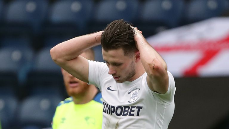 Alan Browne reacts after missing the opportunity to give Preston North End the lead from the penalty spot during the Sky Bet Championship match against Derby County at Deepdale