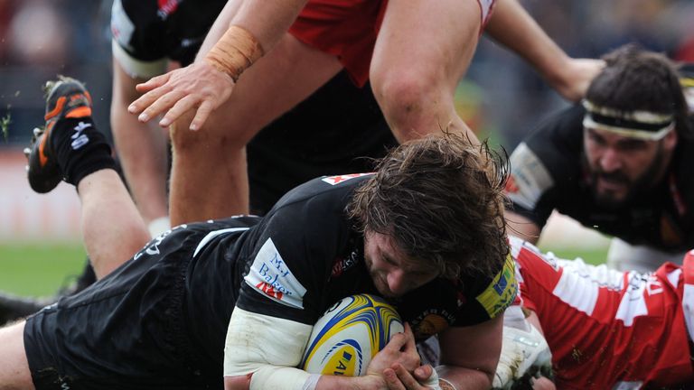 Exeter Chiefs' Alec Hepburn crashing over for a try against Gloucester Rugby