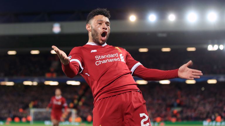 Liverpool's Alex Oxlade-Chamberlain celebrates scoring his side's second goal of the game during the UEFA Champions League quarter-final, first leg match v Manchester City at Anfield, Liverpool