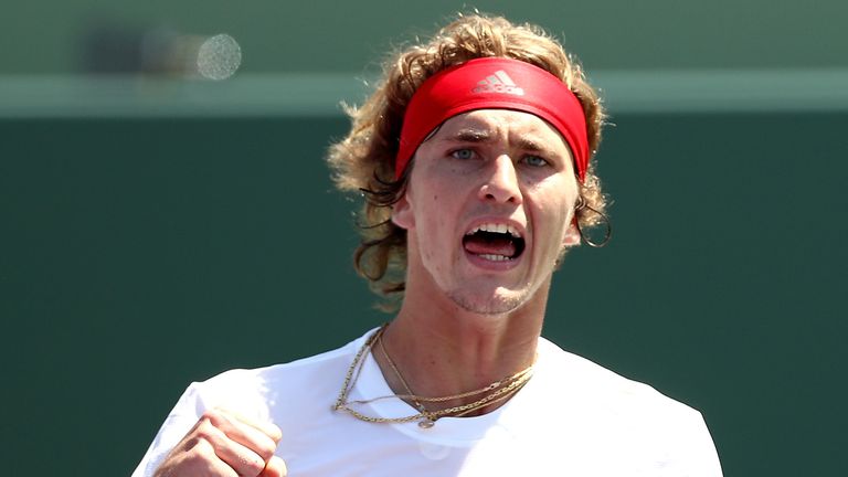 Alexander Zverev of Germany celebrates a point against John Isner during the men's final of the Miami Open Presented by Itau at Crandon Park Tennis Center on April 1, 2018 in Key Biscayne, Florida
