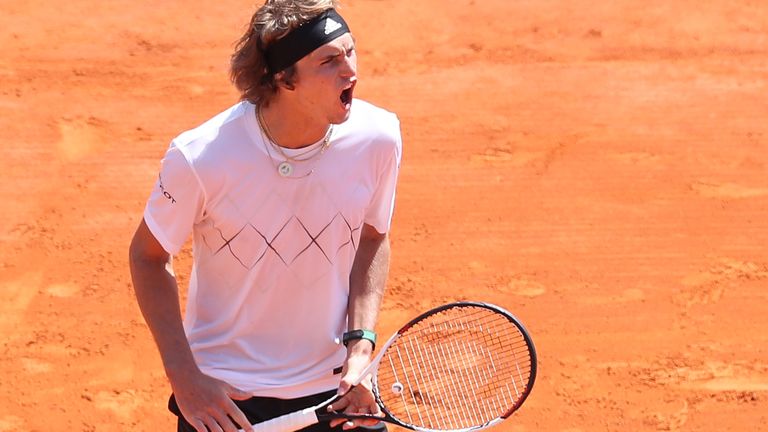 Germany's Alexander Zverev celebrates after winning his tennis match against Germany's Jan-Lennard Struff during the Monte-Carlo ATP Masters Series Tournament, on April 19, 2018 in Monaco