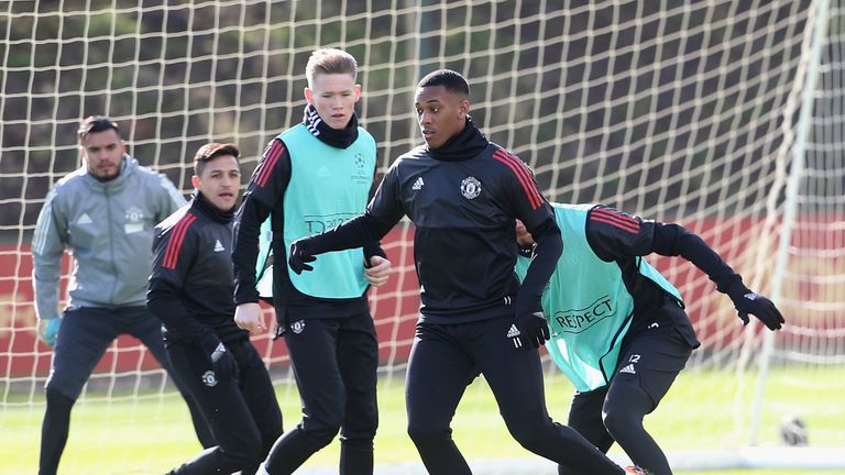 Anthony Martial and Alexis Sanchez in action during a Manchester United training session