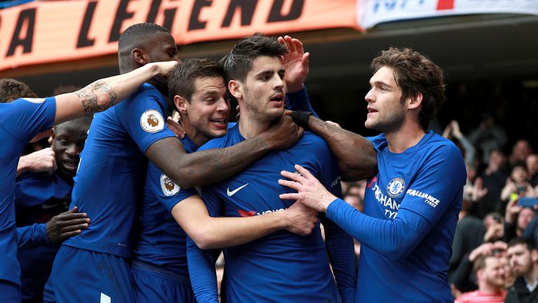 Chelsea's Alvaro Morata (centre) celebrates with his team-mates after scoring his side's first goal of the game v Tottenham Hotspur in the Premier League clash at Stamford Bridge