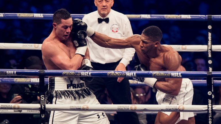 Anthony Joshua and Jospeh Parker ,  IBF,WBA, WBA Super, IBO and WBO Heavyweight, Championship Fight, Principality Stadium..31st March 2018.Picture By Mark Robinson..