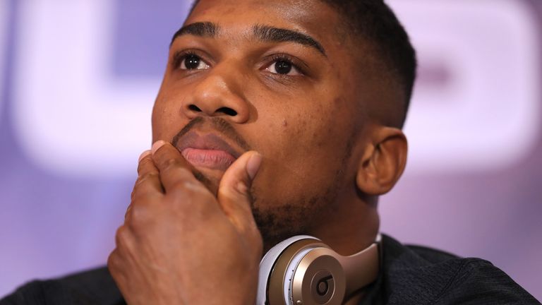 Anthony Joshua and Wladamir Klitschko take part in a press conference for their Super Heavyweight title fight at Sky Sports Studios on April 27, 2017 in London, England. Anthony Joshua and Wladamir Klitschko are due to fight for the IBF, IBO and WBA Super Heavyweight Championships of the World at Wembley Stadium on April 29.