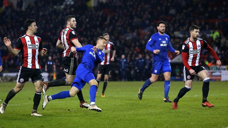 Cardiff City's Anthony Pilkington (second left) scores his side's equaliser at Sheffield United