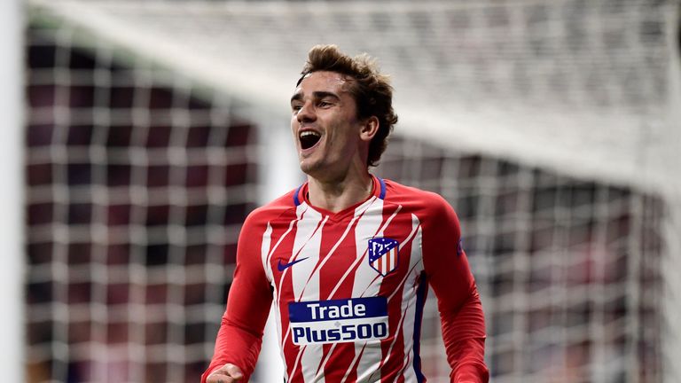 Antoine Griezmann celebrates scoring for Atletico Madrid against Sporting Lisbon in the Europa League