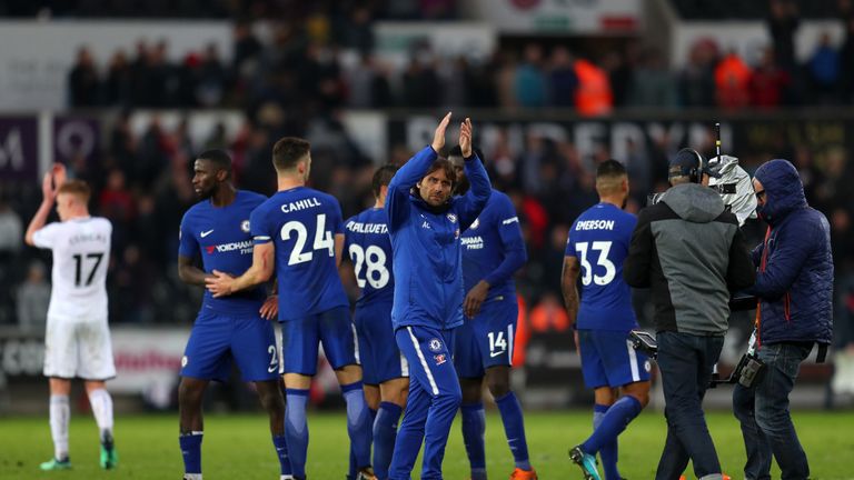 Antonio Conte celebrates Chelsea's win over Swansea at Liberty Stadium on April 28, 2018