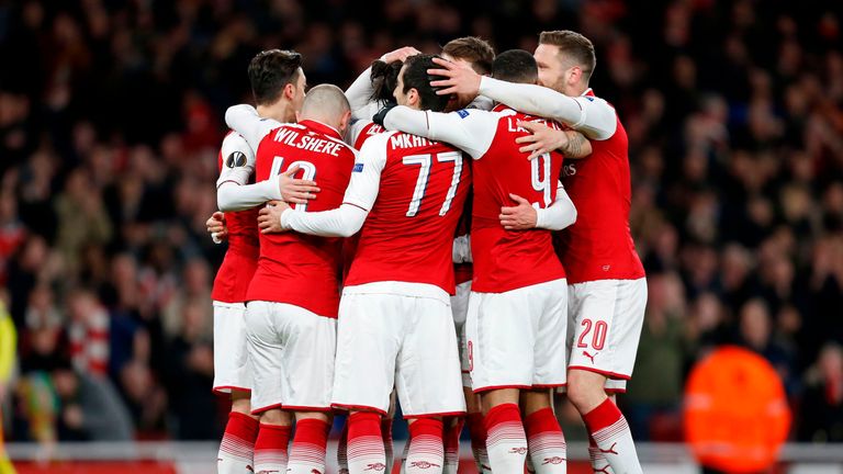 Arsenal celebrate Aaron Ramsey goal vs CSKA Moscow