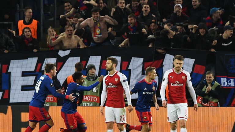 CSKA Moscow's Russian striker Fedor Chalov (2nd R) celebrates a goal with his team-mates 
