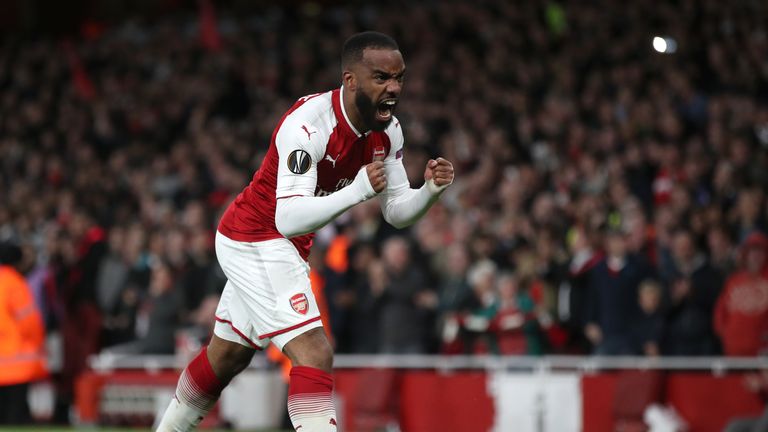 Arsenal's Alexandre Lacazette celebrates scoring against Atletico Madrid