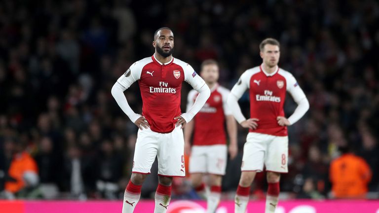 Arsenal's Alexandre Lacazette (left) reacts after seeing his side concede during the UEFA Europa League semi-final, first leg match v Atletico Madrid at the Emirates Stadium, London.