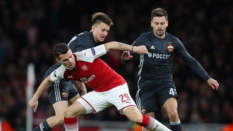 during the UEFA Europa League quarter final leg one match between Arsenal FC and CSKA Moskva at Emirates Stadium on April 5, 2018 in London, United Kingdom.