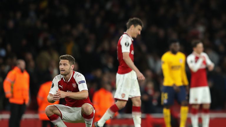  during the UEFA Europa League Semi Final leg one match between Arsenal FC and Atletico Madrid at Emirates Stadium on April 26, 2018 in London, United Kingdom.