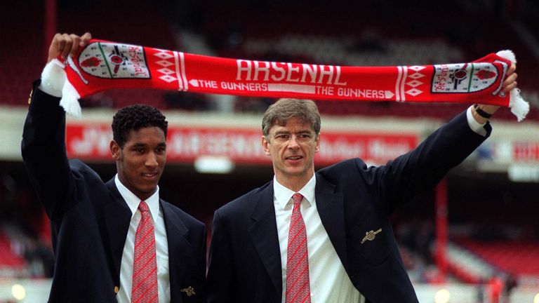 Arsene Wenger and new signing Nicolas Anelka pose for a photograph at Highbury in 1997