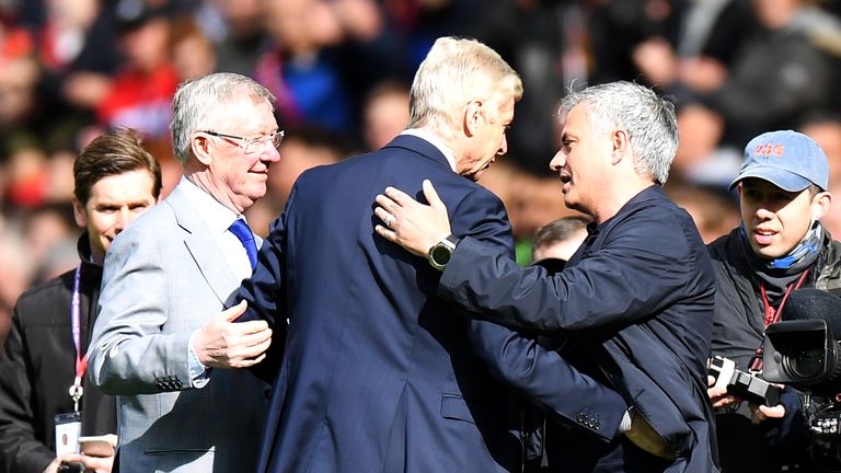 Arsene Wenger is greeted by Sir Alex Ferguson and Jose Mourinho at Old Trafford