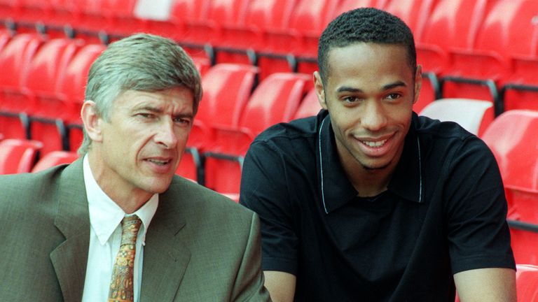 Thierry Henry with Arsenal manager Arsene Wenger at Highbury after signing from Juventus in 1999