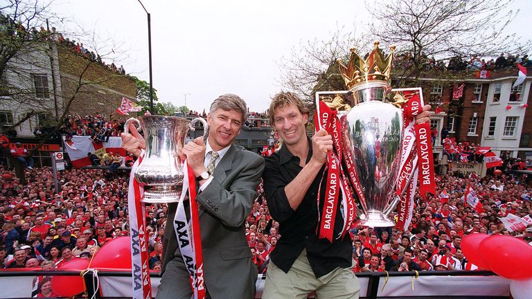 Arsenal manager Arsene Wenger with Tony Adams after his side do the double in 2002