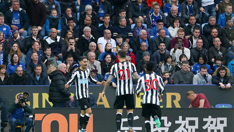 Ayoze Perez celebrates scoring Newcastle's second goal at the King Power Stadium