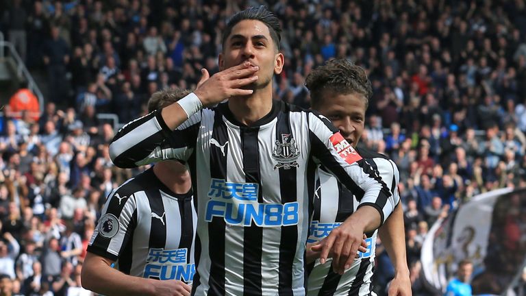 Ayoze Perez celebrates after scoring their first goal during the Premier League match between Newcastle United and Arsenal on April 15, 2018