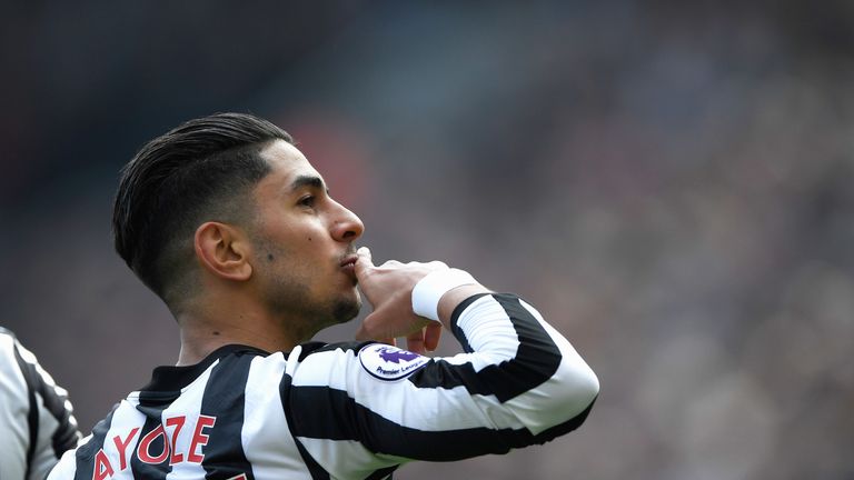 Newcastle goalscorer Ayoze Perez blows a kiss to the crowd during the Premier League match against Arsenal