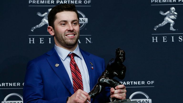 NEW YORK, NY - DECEMBER 09: Baker Mayfield, quarterback of the Oklahoma Sooners, poses for the media after the 2017 Heisman Trophy Presentation at the Marriott Marquis December 9, 2017 in New York City. (Photo by Jeff Zelevansky/Getty Images)                          