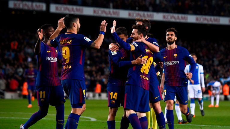 Barcelona celebrate after scoring against Leganes