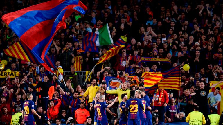 Barcelona fans celebrate goal against Roma