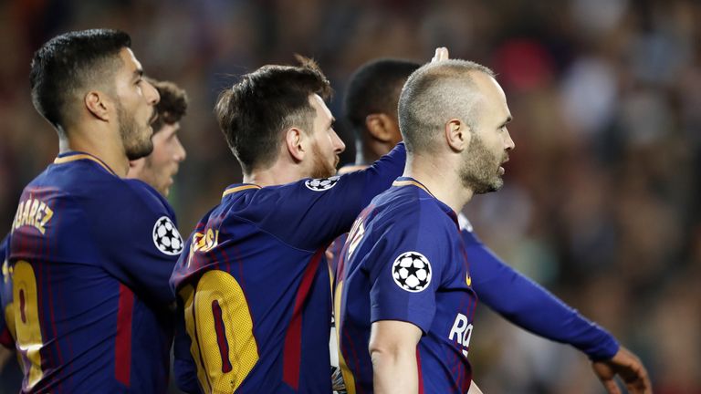 (l-r) Luis Suarez of FC Barcelona, Lionel Messi of FC Barcelona, Andres Iniesta of FC Barcelona during the UEFA Champions League quarter final match between FC Barcelona and AS Roma at the Camp Nou stadium on April 04, 2018 in Barcelona, Spain.