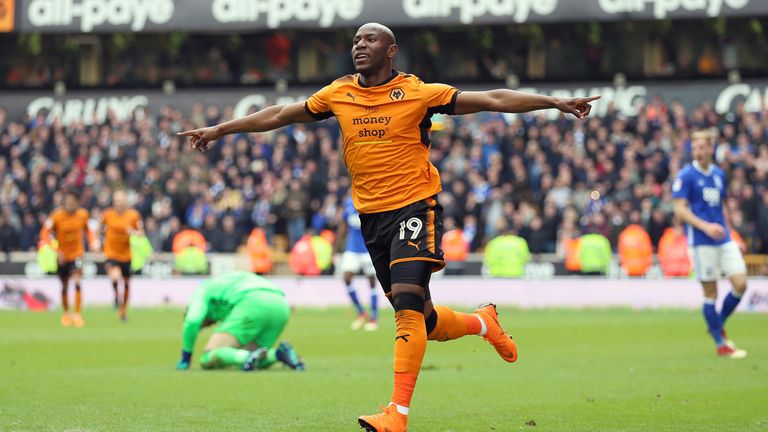 Benik Afobe celebrates scoring Wolves' second goal