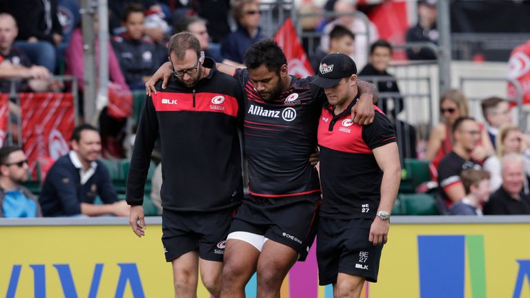 Billy Vunipola of Saracens goes off injured during the Aviva Premiership match between Saracens and Sale Sharks in 2017