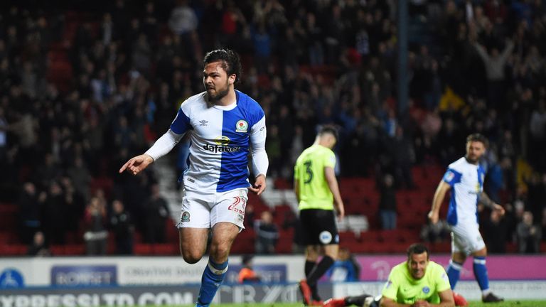 Bradley Dack of Blackburn Rovers celebrates after scoring against Peterborough United 