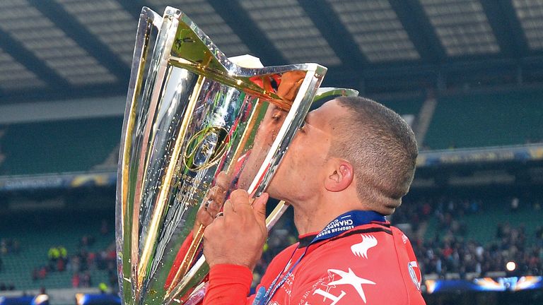 Bryan Habana celebrates with the European Rugby Champions Cup in 2015.