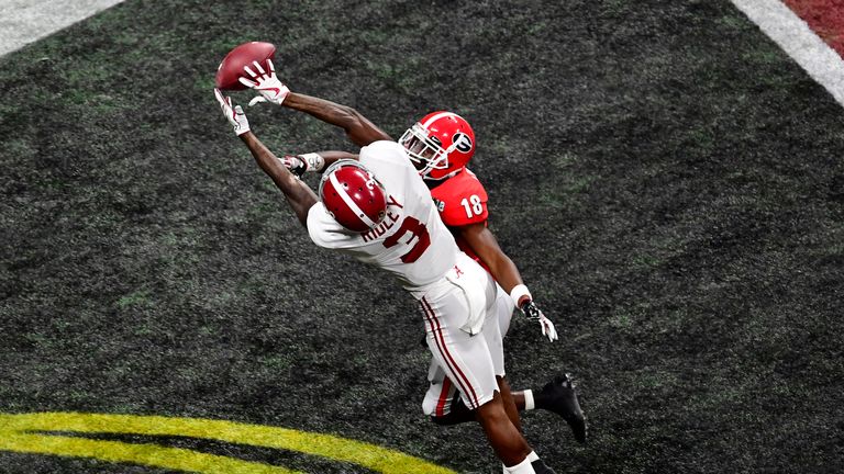 Calvin Ridley #3 of the Alabama Crimson Tide is unable to make a catch in the end zone against Deandre Baker #18 of the Georgia Bulldogs in the CFP National Championship presented by AT&T at Mercedes-Benz Stadium on January 8, 2018 in Atlanta, Georgia. (Photo by Scott Cunningham/Getty Images) *** Local Caption *** Calvin Ridley; Deandre Baker