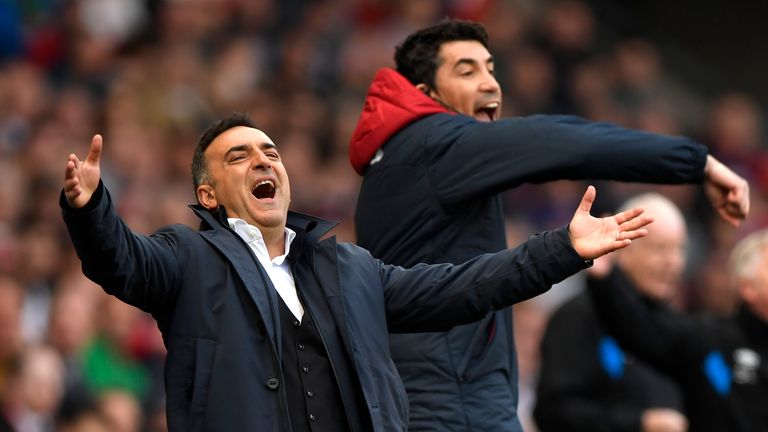 Swansea City manager Carlos Carvalhal celebrates as Swansea City go level with Everton at the Liberty Stadium