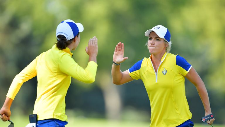 plays a shot during the second day afternoon fourball matches of The Solheim Cup at Des Moines Golf and Country Club on August 19, 2017 in West Des Moines, Iowa. 