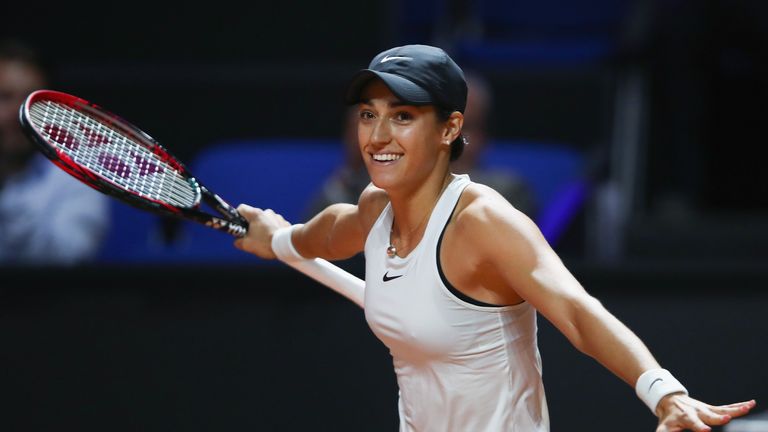 Caroline Garcia of France celebrates after defeating Maria Sharapova of Russia during day 2 of the Porsche Tennis Grand Prix at Porsche-Arena on April 24, 2018 in Stuttgart, Germany.