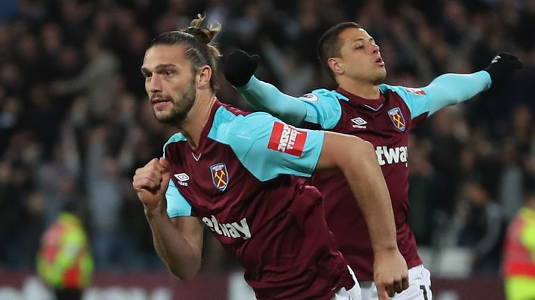 Andy Carroll celebrates after scoring West Ham's equaliser against Stoke in the Premier League.