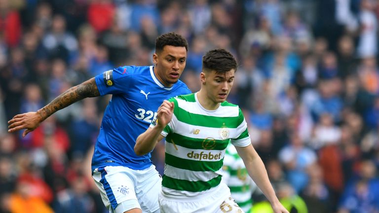 Celtic&#39;s Kieran Tierney and Rangers&#39; James Tavernier have to compete with balloons on the surface