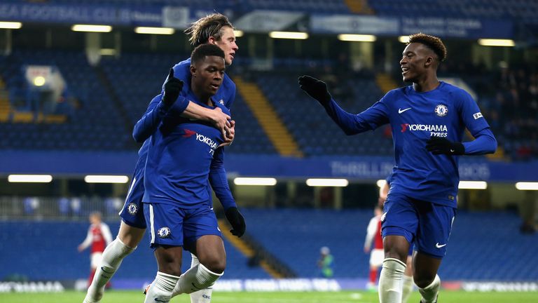  during the FA Youth Cup Final first leg match between Chelsea and Arsenal at Stamford Bridge on April 27, 2018 in London, England.