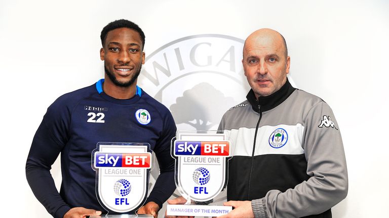 Wigan's Chey Dunkley and manager Paul Cook are presented with the SkyBet player and manager of the month awards for March 2018 - Mandatory by-line: Matt McNulty/JMP - 04/04/2018 - FOOTBALL - Wigan Athletic - SkyBet Player of the Month