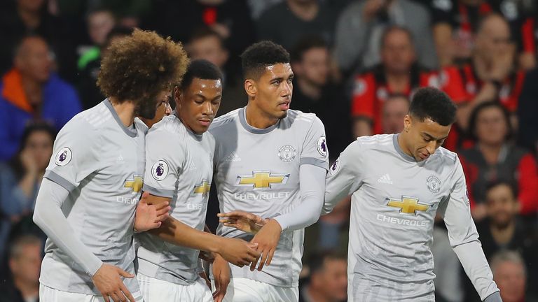 Chris Smalling celebrates with team-mates after scoring for Manchester United