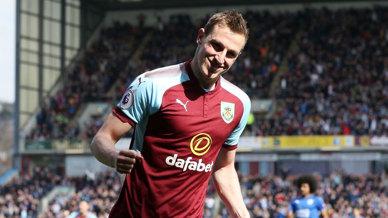 Chris Wood celebrates after scoring the first goal of the game during the Premier League match between Burnley and Leicester City at Turf Moor