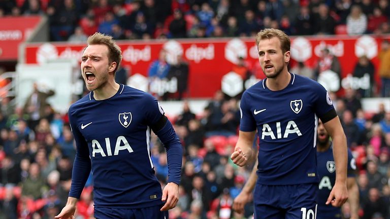 Tottenham Hotspur's Christian Eriksen celebrates scoring his side's first goal of the game with teammate Harry Kane