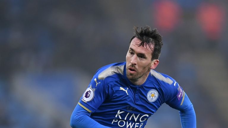 Christian Fuchs during the Premier League match between Leicester City and AFC Bournemouth at The King Power Stadium on March 3, 2018